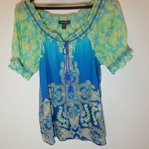 Tommy Bahama Smocked Peasant Top Blue Green Med